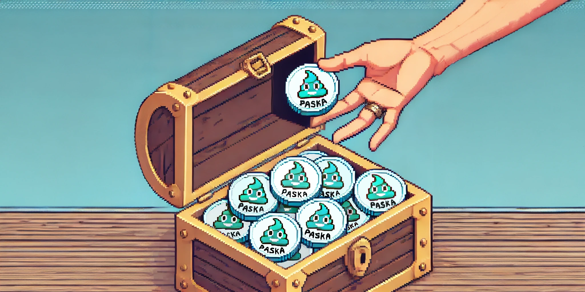 Treasure chest full of Paska coins illustration